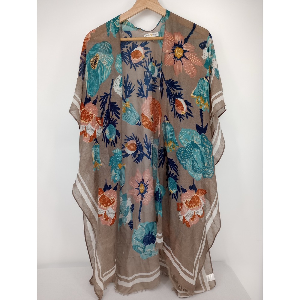 Woven Heart Kimono Wrap Women One Size Taupe Floral Fringed Open Front